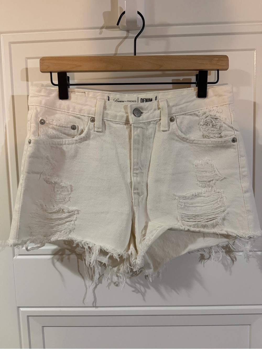 Lovers + Friends White Distressed Denim Shorts